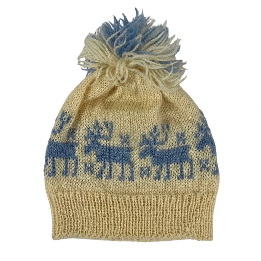 Kids Reindeer Fair Isle Knit Beanie‎ Cream Blue Pom Pom Winter Hat Handcrafted